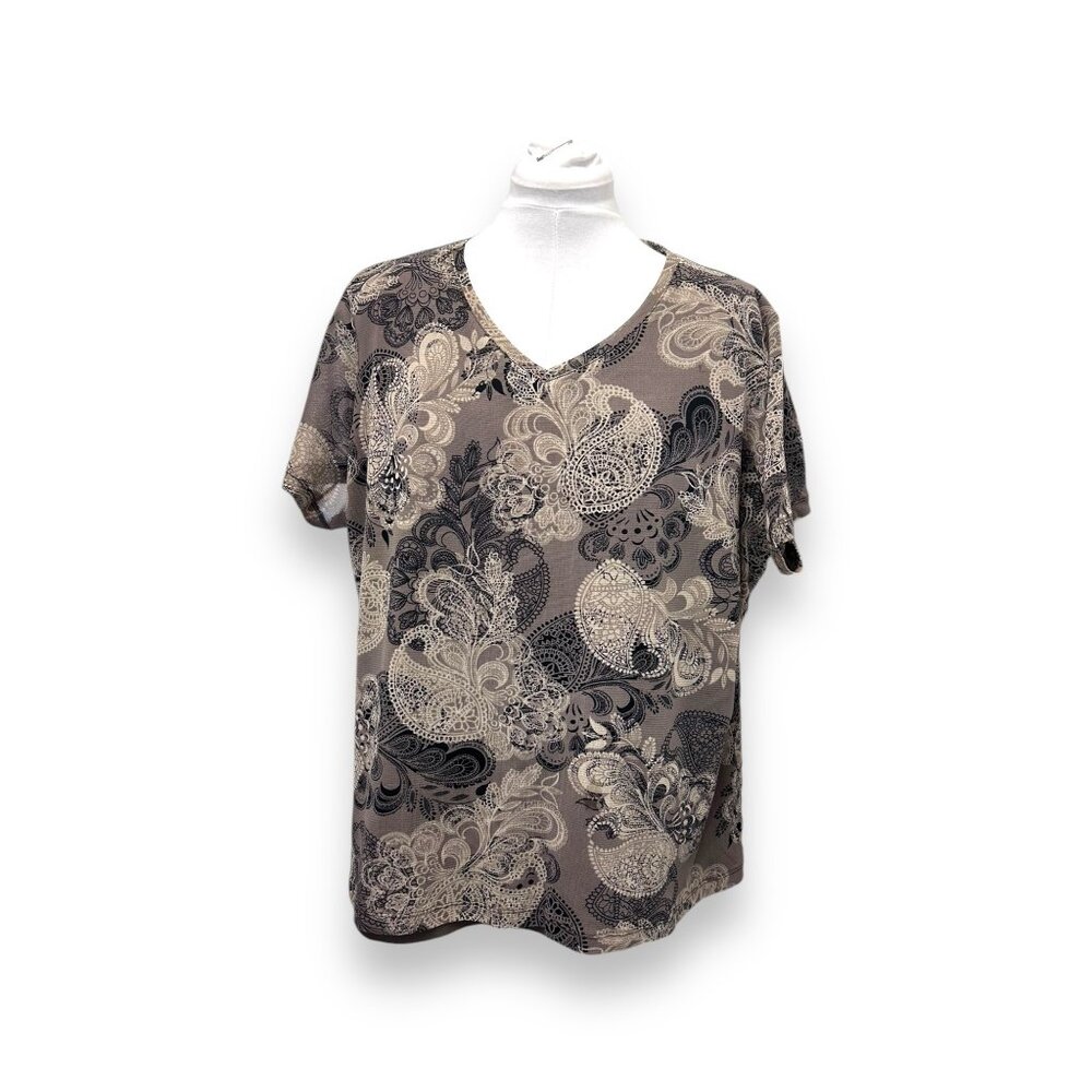 Croft & Barrow Womens 3X Top V-Neck Floral Paisley Print Beige/Black Polyester/N